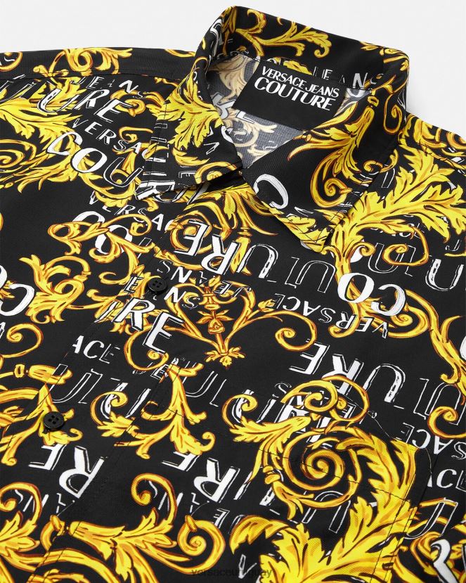 Versace camisa de alta costura con logo hombres oro negro ropa H88R0H2394