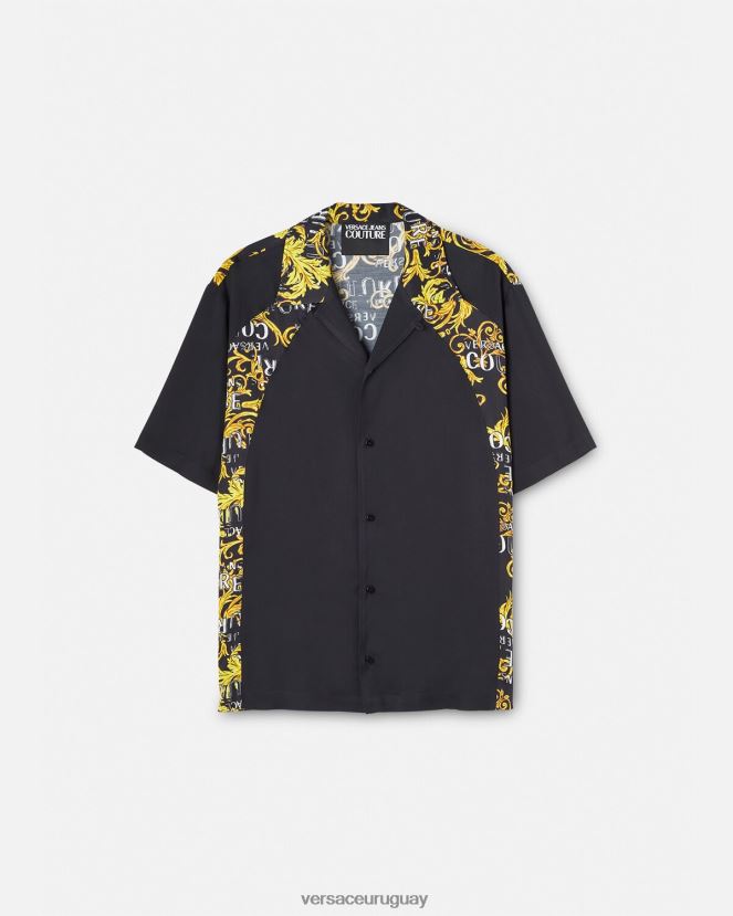 Versace camisa de alta costura con logo hombres oro negro ropa H88R0H2395