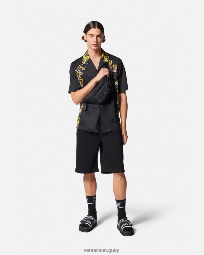 Versace camisa de alta costura con logo hombres oro negro ropa H88R0H2395