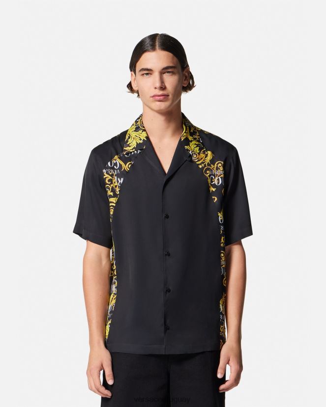 Versace camisa de alta costura con logo hombres oro negro ropa H88R0H2395