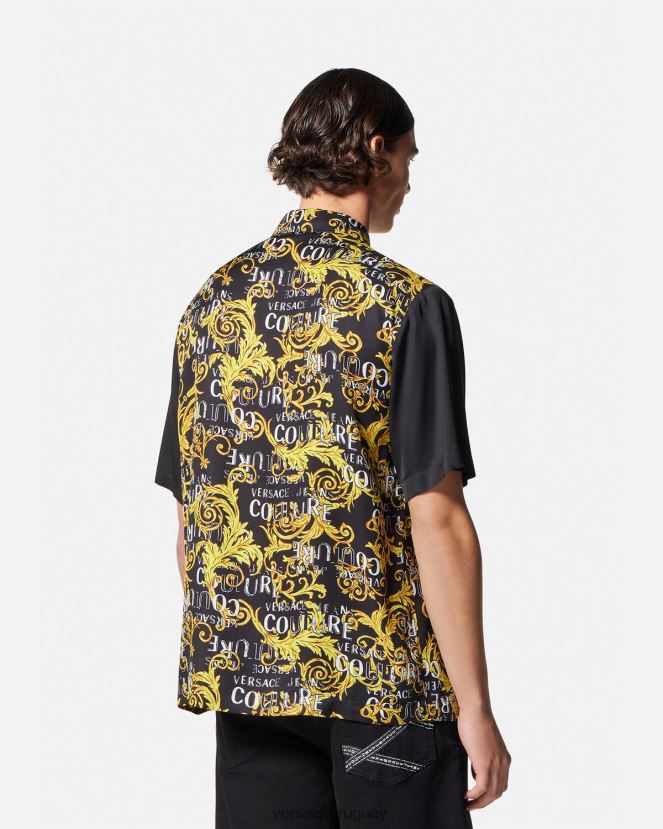 Versace camisa de alta costura con logo hombres oro negro ropa H88R0H2395