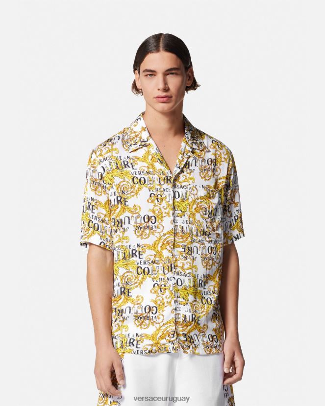 Versace camisa de alta costura con logo hombres oro y blanco ropa H88R0H2396