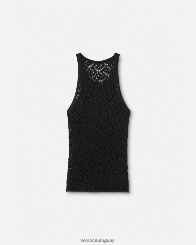 Versace camiseta sin mangas de punto con encaje la greca hombres negro ropa H88R0H1340