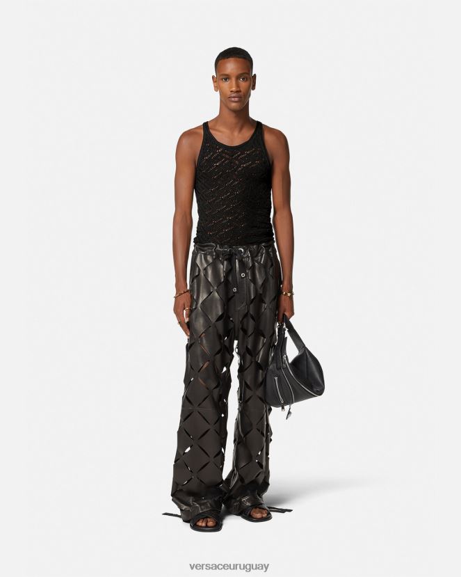 Versace camiseta sin mangas de punto con encaje la greca hombres negro ropa H88R0H1340