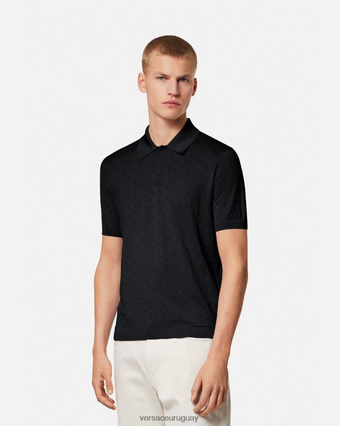 Versace polo de punto de manga corta la greca hombres negro ropa H88R0H1328