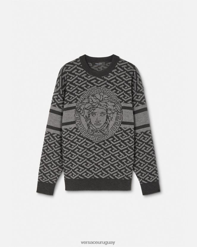 Versace suéter con medusa en jacquard la greca hombres gris negro ropa H88R0H1339