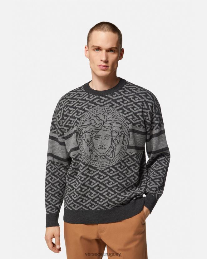 Versace suéter con medusa en jacquard la greca hombres gris negro ropa H88R0H1339