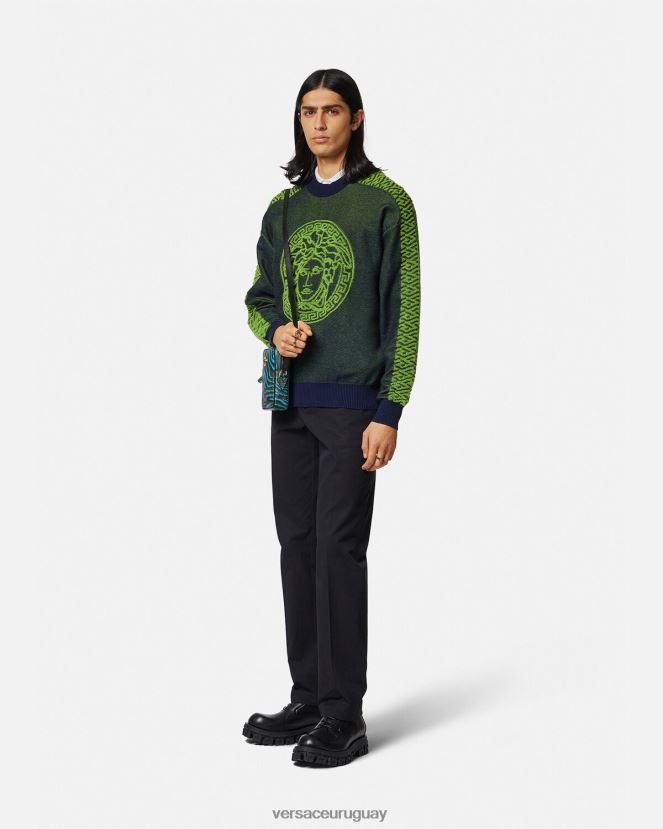 Versace suéter de felpa con medusa la greca hombres azul verde ropa H88R0H1331