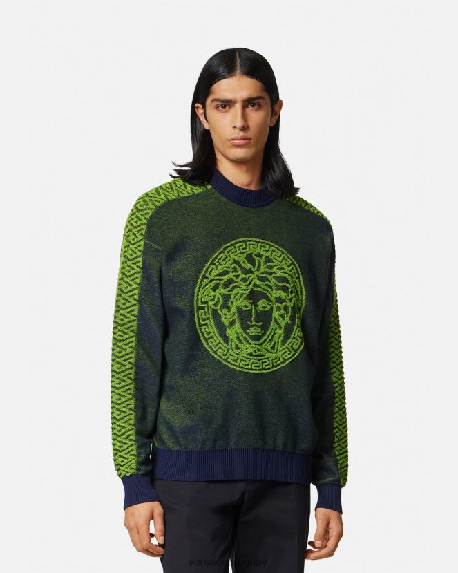 Versace suéter de felpa con medusa la greca hombres azul verde ropa H88R0H1331