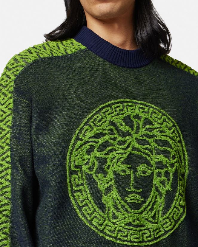 Versace suéter de felpa con medusa la greca hombres azul verde ropa H88R0H1331