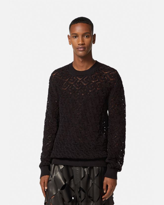 Versace suéter de punto de encaje la greca hombres negro ropa H88R0H1341