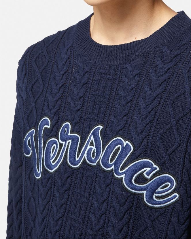 Versace suéter de punto universitario con Greca hombres azul ropa H88R0H1350