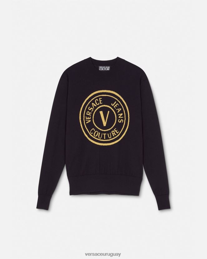 Versace suéter tejido con emblema en V hombres negro y estampado ropa H88R0H2434
