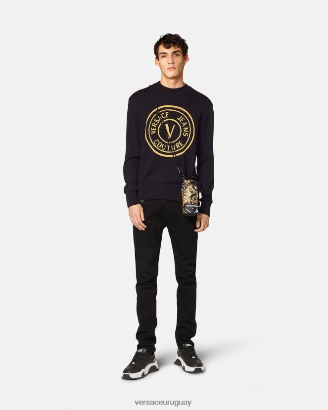 Versace suéter tejido con emblema en V hombres negro y estampado ropa H88R0H2434