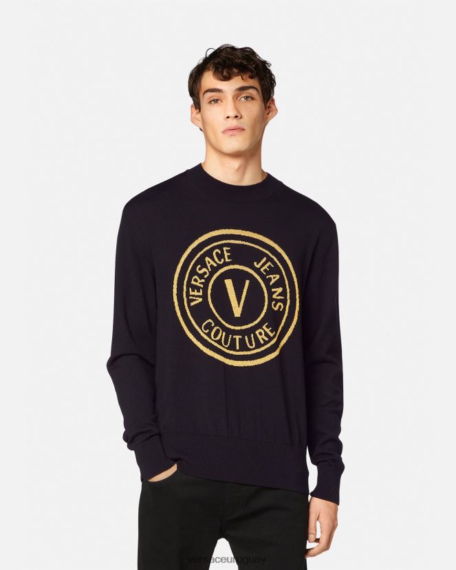 Versace suéter tejido con emblema en V hombres negro y estampado ropa H88R0H2434