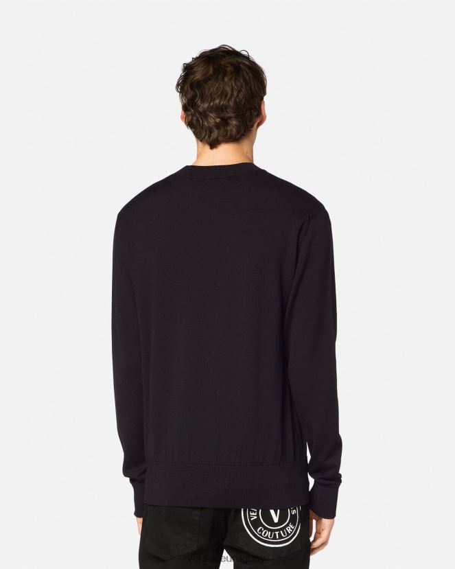 Versace suéter tejido con emblema en V hombres negro y estampado ropa H88R0H2434