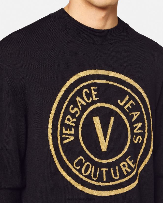 Versace suéter tejido con emblema en V hombres negro y estampado ropa H88R0H2434