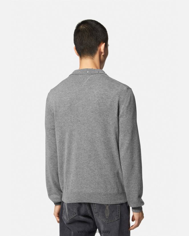 Versace suéter tipo polo con tachuelas en espiral hombres gris ropa H88R0H1348