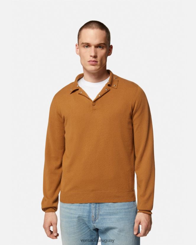 Versace suéter tipo polo con tachuelas en espiral hombres naranja ropa H88R0H1347