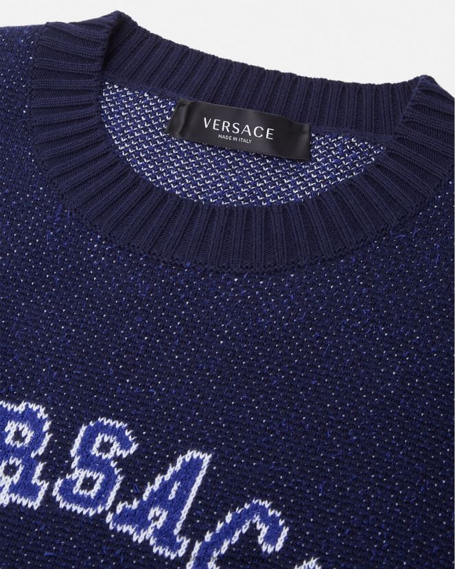 Versace suéter universitario con logo en intarsia hombres azul ropa H88R0H1349
