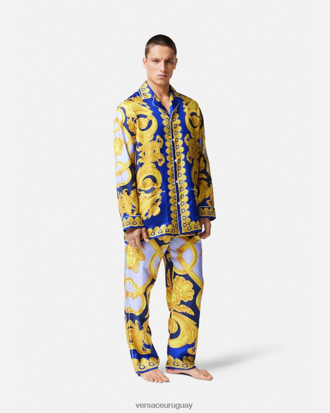 Versace top de pijama de seda barroco 660 hombres azul y oro ropa interior y ropa de playa H88R0H1739