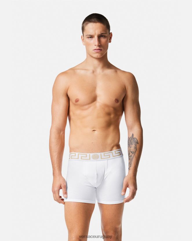 Versace Pack de 2 calzoncillos largos con borde de Greca hombres blanco negro ropa interior y ropa de playa H88R0H1763