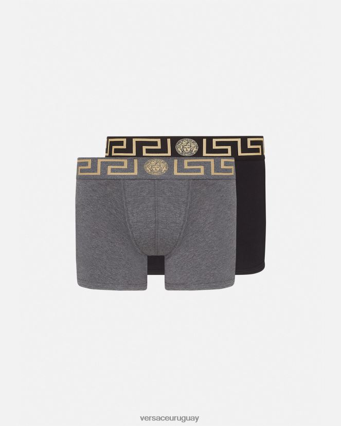 Versace Pack de 2 calzoncillos largos con borde de Greca hombres gris negro ropa interior y ropa de playa H88R0H1764