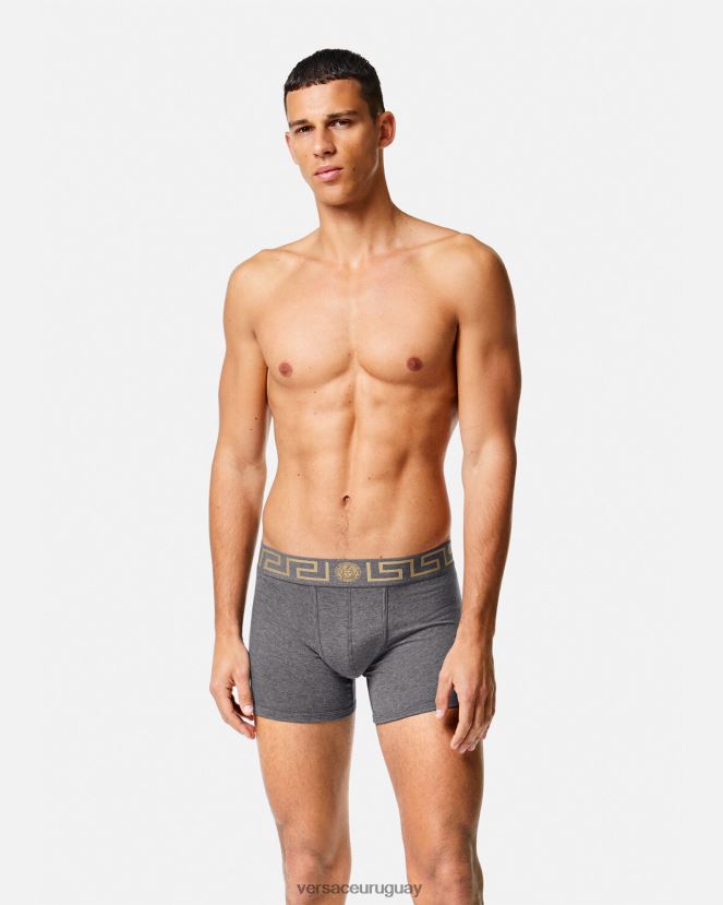 Versace Pack de 2 calzoncillos largos con borde de Greca hombres gris negro ropa interior y ropa de playa H88R0H1764