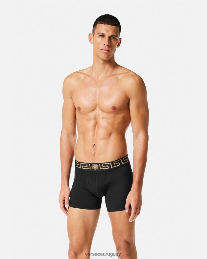 Versace Pack de 2 calzoncillos largos con borde de Greca hombres gris negro ropa interior y ropa de playa H88R0H1764