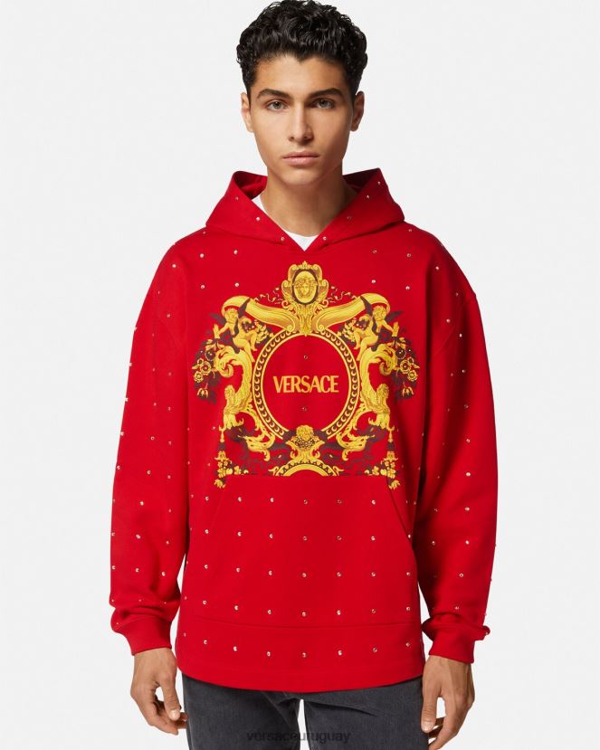 Versace sudadera con capucha con rejilla de cristal barroco hombres rojo ropa H88R0H1421