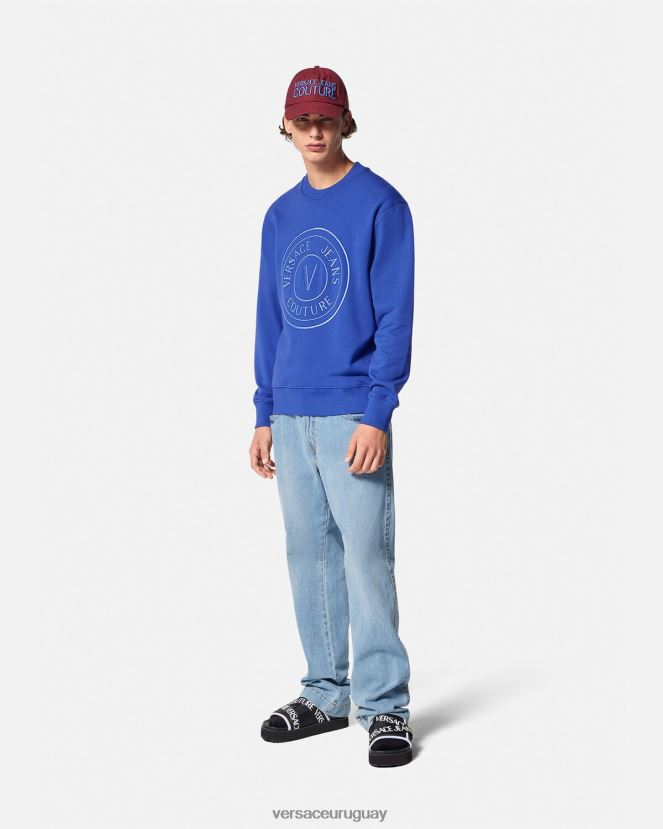 Versace sudadera con emblema en V bordado hombres azul ropa H88R0H2413