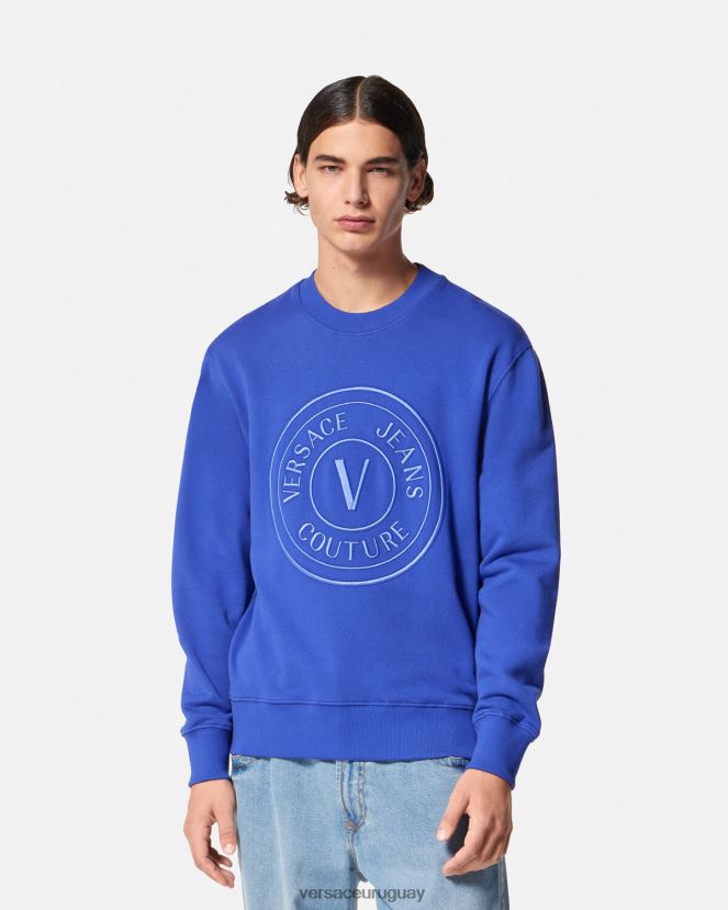 Versace sudadera con emblema en V bordado hombres azul ropa H88R0H2413