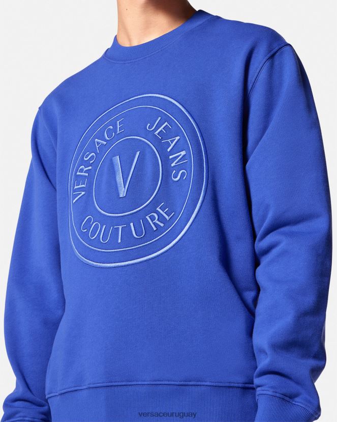 Versace sudadera con emblema en V bordado hombres azul ropa H88R0H2413