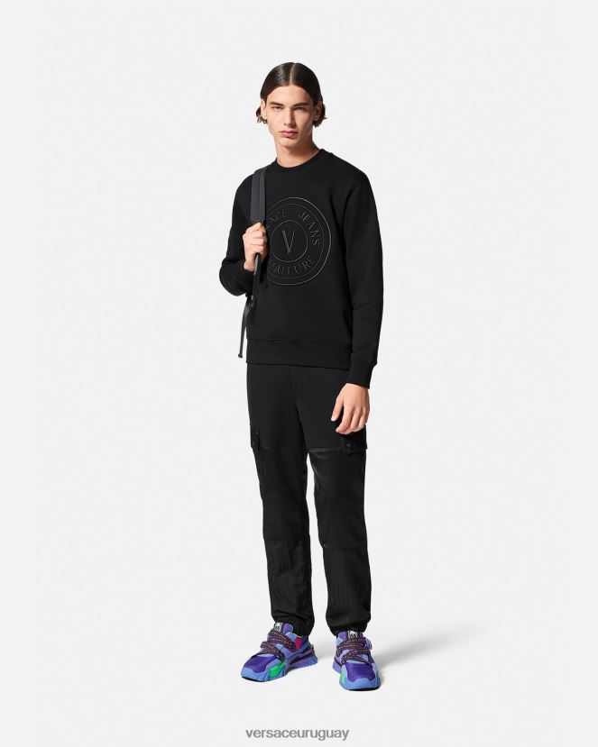 Versace sudadera con emblema en V bordado hombres negro ropa H88R0H2412