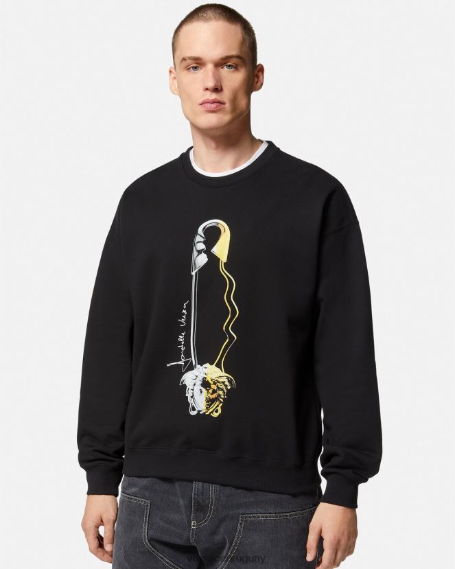 Versace sudadera con estampado de pin de seguridad hombres negro ropa H88R0H1420