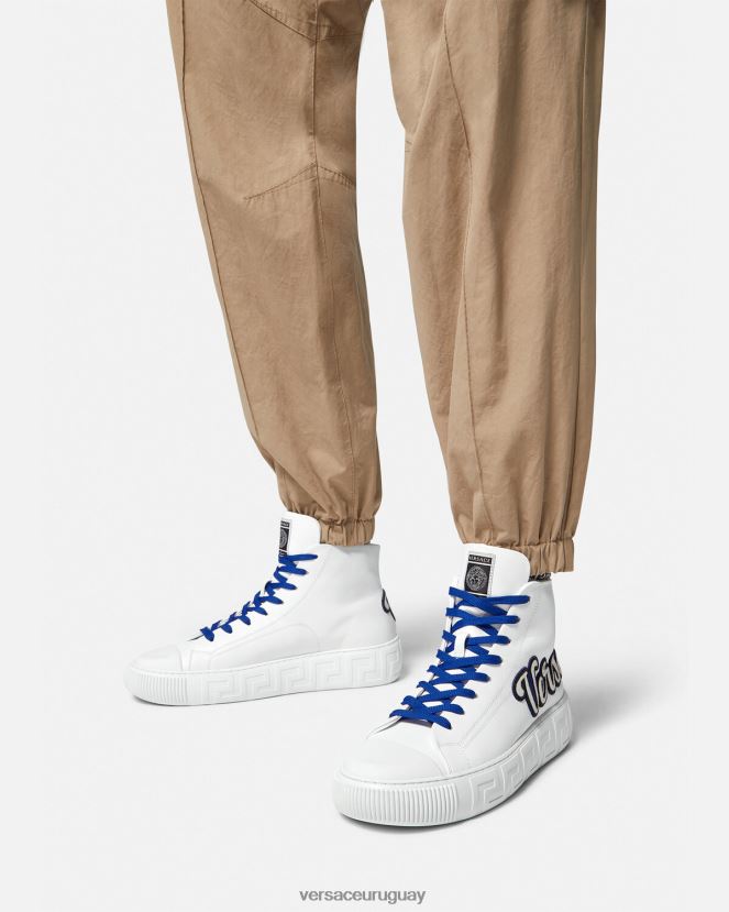 Versace zapatillas altas varsity con greca hombres azul blanco zapato H88R0H1556