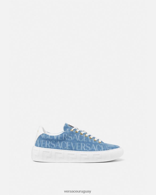 Versace zapatillas con greca en denim integral hombres azul claro zapato H88R0H1548