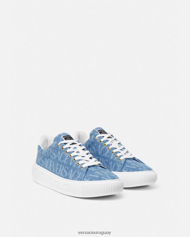 Versace zapatillas con greca en denim integral hombres azul claro zapato H88R0H1548