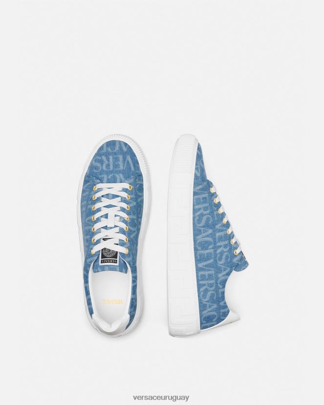 Versace zapatillas con greca en denim integral hombres azul claro zapato H88R0H1548