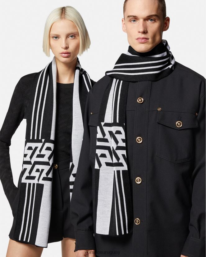 Versace bufanda de punto a rayas con la greca mujer blanco negro accesorios H88R0H933
