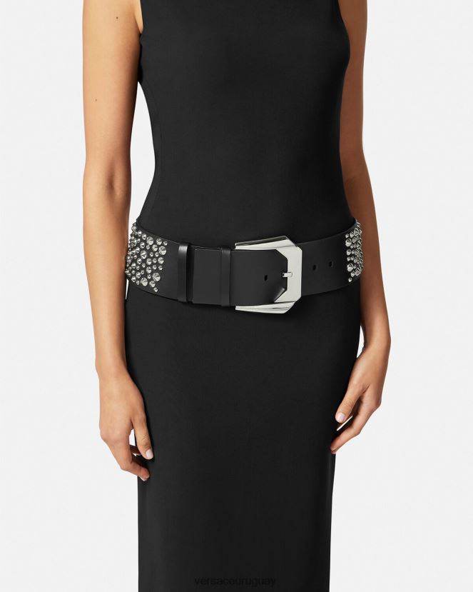 Versace cinturón ancho con diseño de medusa y detalle de pinchos mujer negro accesorios H88R0H548