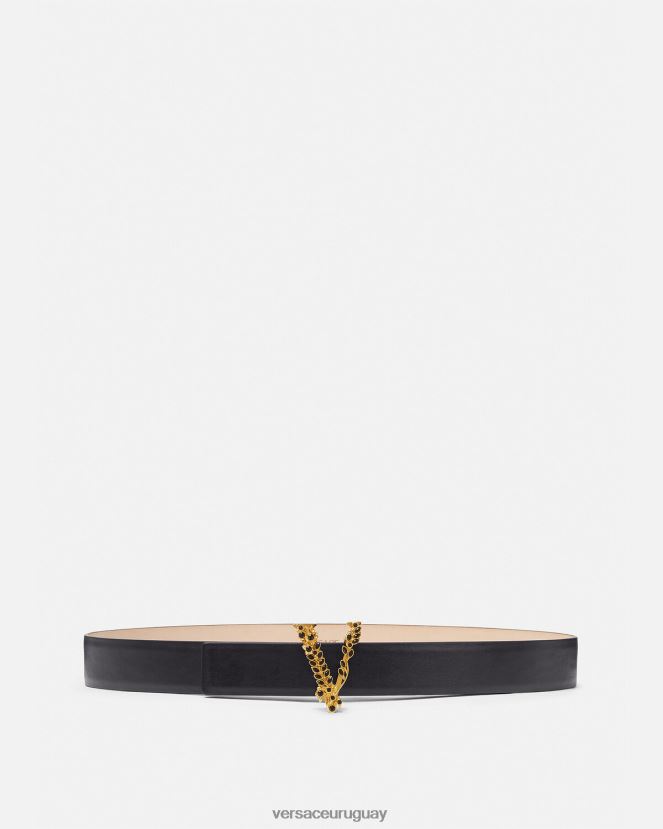 Versace cinturón de cuero virtus con cristales mujer negro accesorios H88R0H551