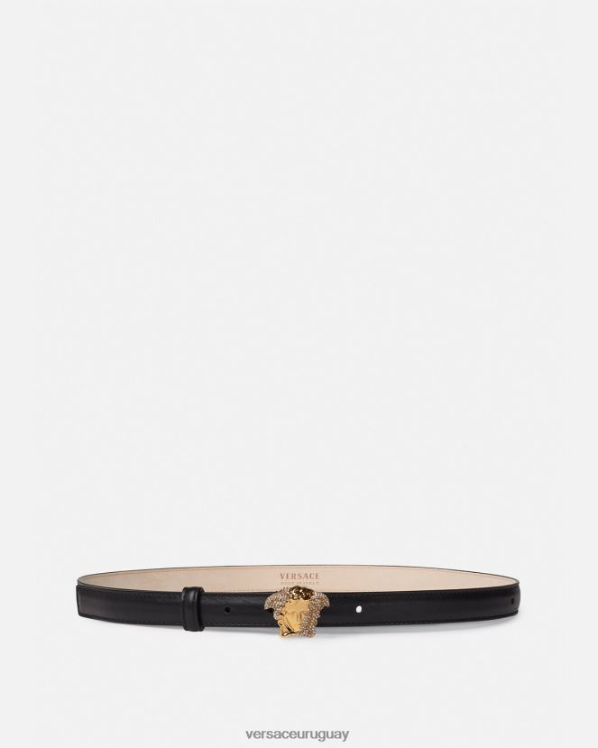 Versace cinturón fino de piel con medusa y cristales mujer negro accesorios H88R0H524