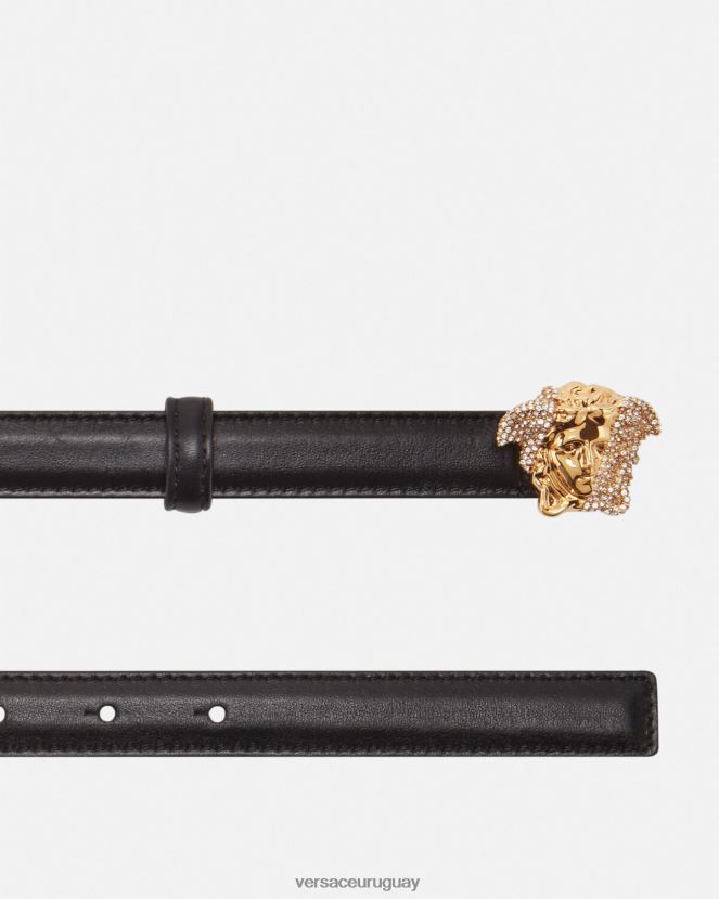 Versace cinturón fino de piel con medusa y cristales mujer negro accesorios H88R0H524