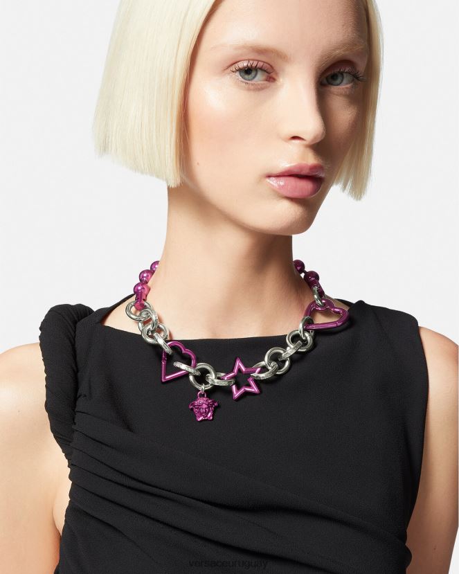 Versace collar de cadena original mujer plata y fucsia accesorios H88R0H828