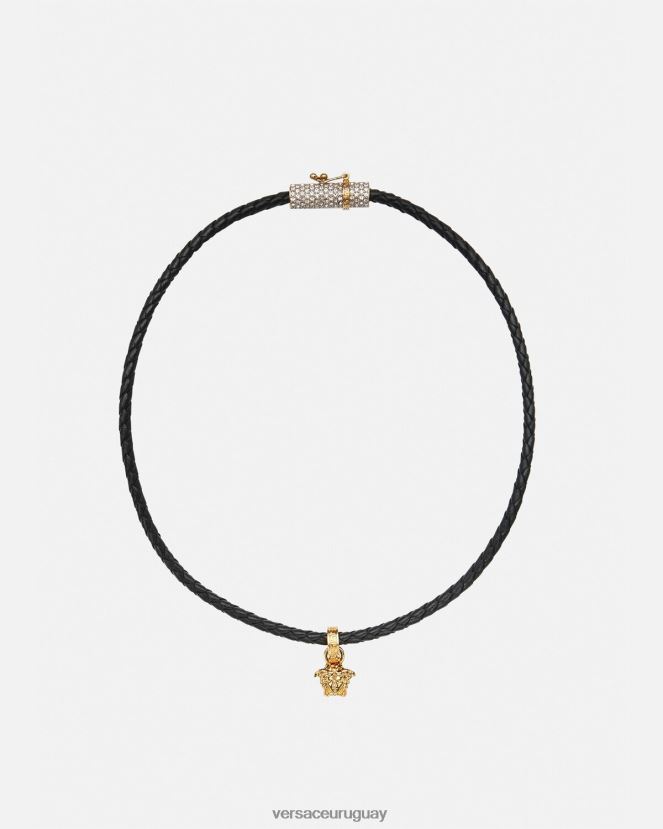 Versace collar de cuero con medusa y cristales mujer negro accesorios H88R0H812