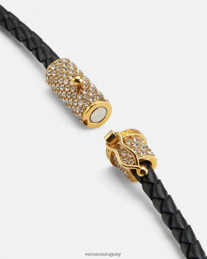 Versace collar de cuero con medusa y cristales mujer negro accesorios H88R0H812