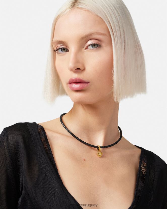 Versace collar de cuero con medusa y cristales mujer negro accesorios H88R0H812
