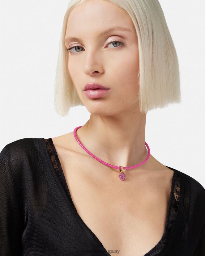 Versace collar de cuero con medusa y cristales mujer rosa accesorios H88R0H852