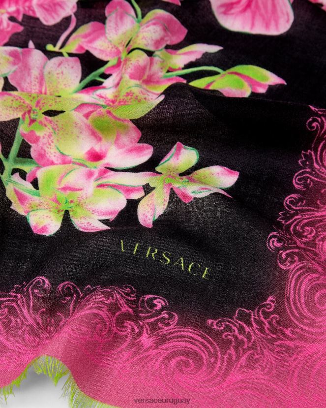 Versace chal de seda con orquídeas medusa mujer negro y estampado accesorios H88R0H931